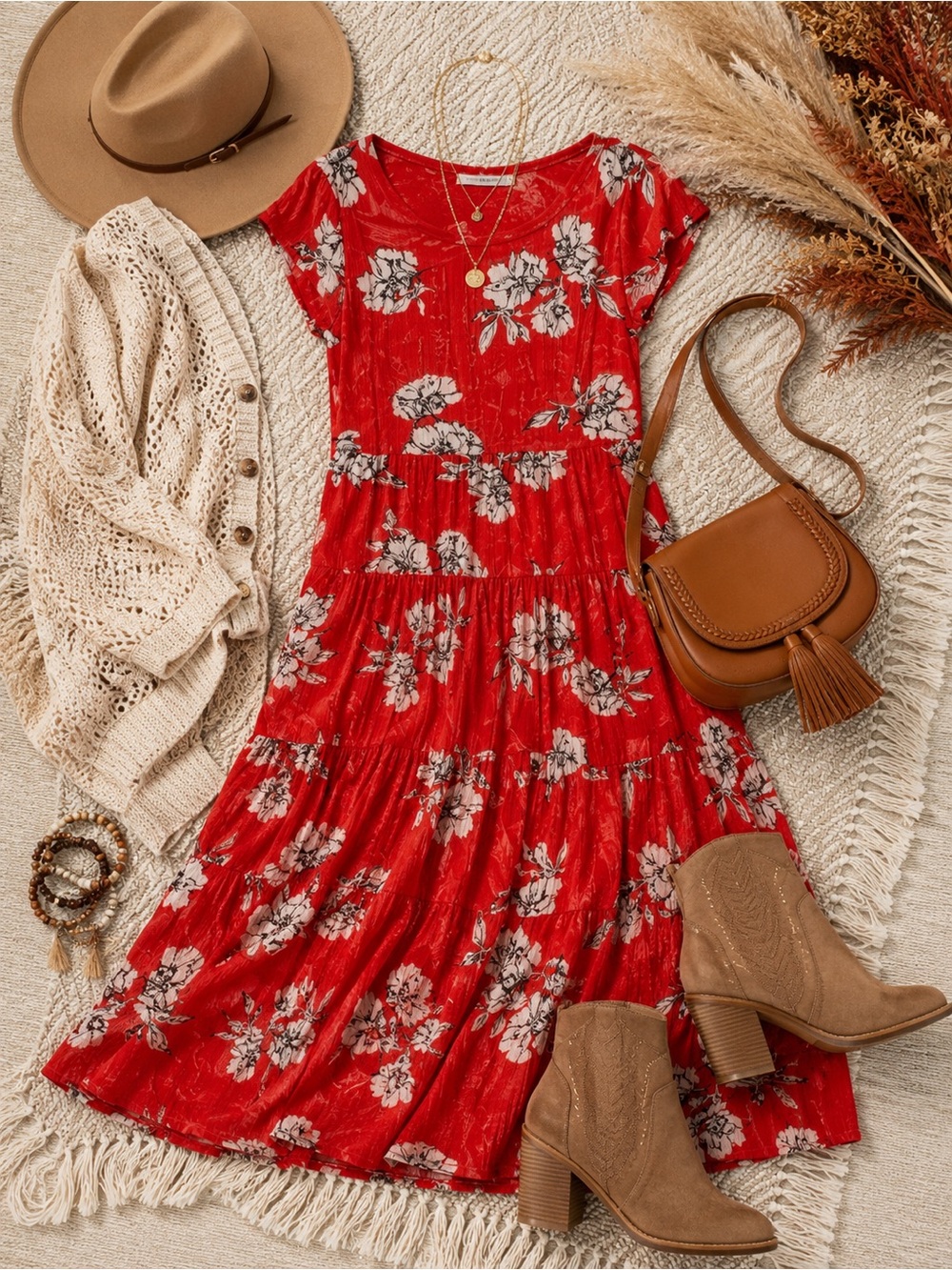 FREE PEOPLE Red Floral Print Tiered Open Back Midi Dress Size Medium